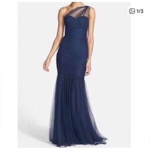 Amsale Navy One Shoulder Gown